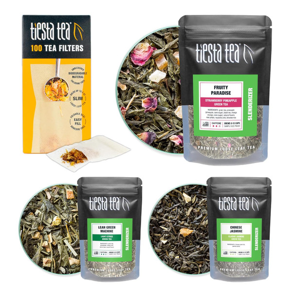 Tiesta Tea - Green Tea Starter Kit | Premium Loose Leaf Green Tea Set | Medium Caffeinated Tea | Make Hot or Iced Tea | Tea Assortment with 3 Loose Leaf Tea Samplers & 100 Disposable Tea Filters