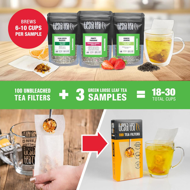 Tiesta Tea - Green Tea Starter Kit | Premium Loose Leaf Green Tea Set | Medium Caffeinated Tea | Make Hot or Iced Tea | Tea Assortment with 3 Loose Leaf Tea Samplers & 100 Disposable Tea Filters