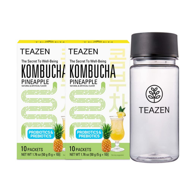 Teazen Kombucha Pineapple Flavor 2 Pack with Classic Eco Bottle (Kombucha Powder 20 Sticks Eco Bottle 1EA x 11.8oz)