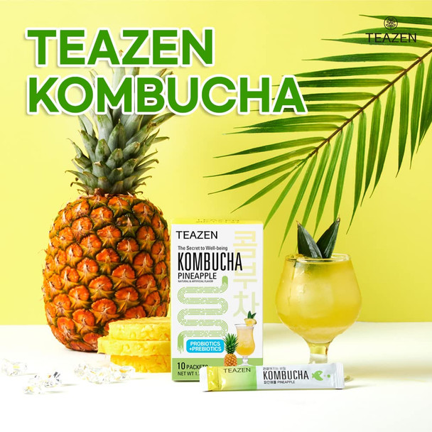 Teazen Kombucha Pineapple Flavor 2 Pack with Classic Eco Bottle (Kombucha Powder 20 Sticks Eco Bottle 1EA x 11.8oz)