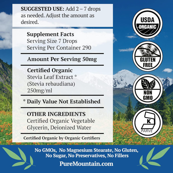 Pure Mountain Botanicals Organic Liquid Stevia Sweetener – Alcohol  And her Sweet Sugar Substitute Drops - 2Oz Glass Bottle