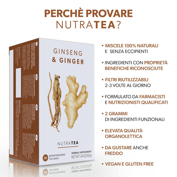 Nutra Tea - Ginger & Ginseng Tea - 20 Tea Bags - Herbal Tea