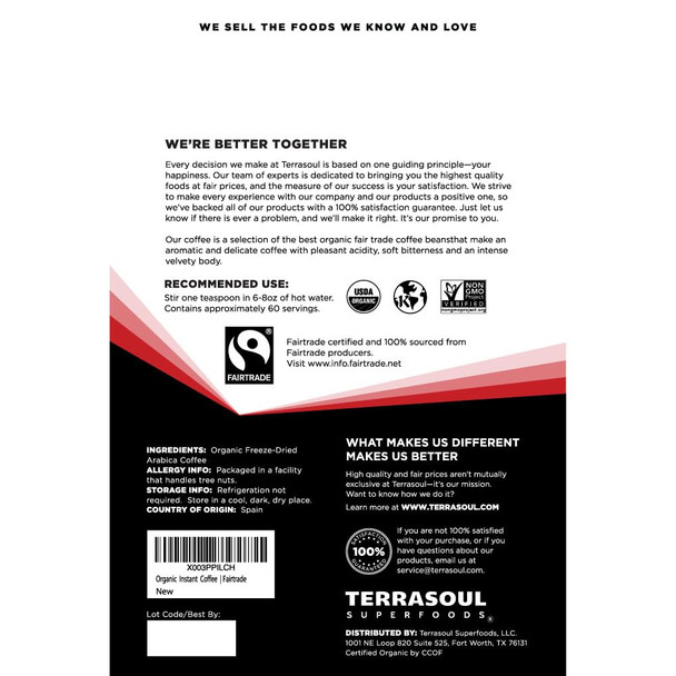 Terrasoul Superfoods Organic ze-Dried Instant Coffee 3.5 oz - Fairtrade | Arabica Beans | Fresh Taste | Medium Roast