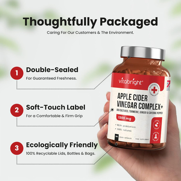 ‎Vitabright Apple Cider Vinegar Capsules with Probiotics Prebiotics Turmeric Ginger & Cayenne Pepper - 180 ACV Capsules (not Gummies not Tablets) - 1300mg per Serving - Raw & Unfiltered - Keto - VitaBright