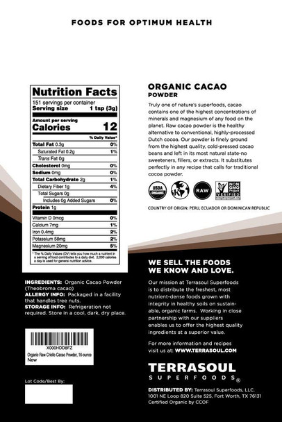 Terrasoul Superfoods Organic Cacao Powder 3lb Bundle (3-1lb Resealable Packages)