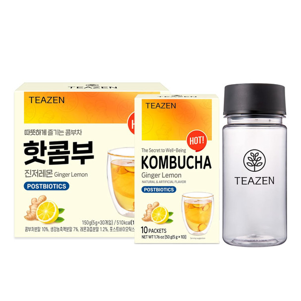 Teazen Hot Kombucha Ginger Lemon Flavor Variety Pack with Classic Eco Bottle (Kombucha Powder 40 Sticks Eco Bottle 1EA x 11.8oz)