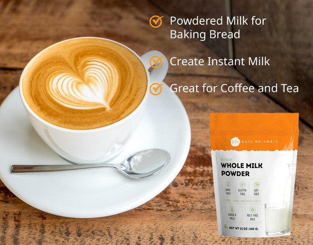 Kate Naturals Dry Whole Milk Powder For Baking And Coffee (12Oz) Dried Powdered Milk For Adults. Rbst-. Substitute For Liquid Milk. Milk Whole Powder For Milkshakes. Made In Usa.