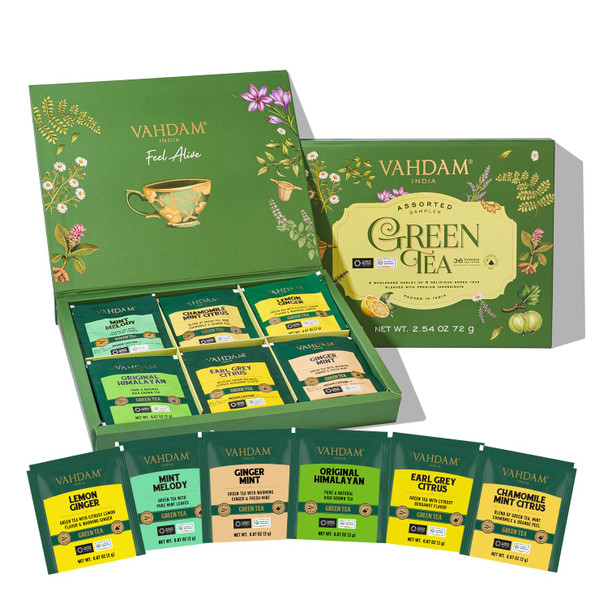 Vahdam Green Tea Variety Pack Sampler Assortment (60 Pyramid Tea Bags 6 Flavor) | Non-GMO Project Verified Premium Tea with No Artificial Ingredients