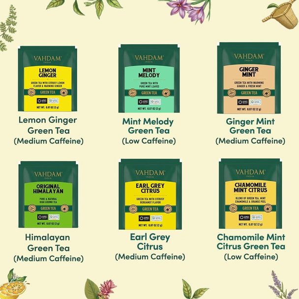 Vahdam Green Tea Variety Pack Sampler Assortment (60 Pyramid Tea Bags 6 Flavor) | Non-GMO Project Verified Premium Tea with No Artificial Ingredients