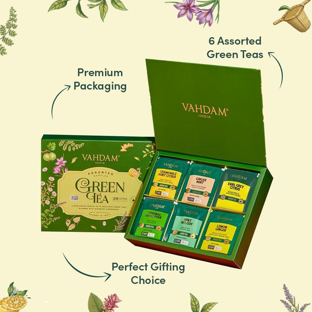 Vahdam Green Tea Variety Pack Sampler Assortment (60 Pyramid Tea Bags 6 Flavor) | Non-GMO Project Verified Premium Tea with No Artificial Ingredients