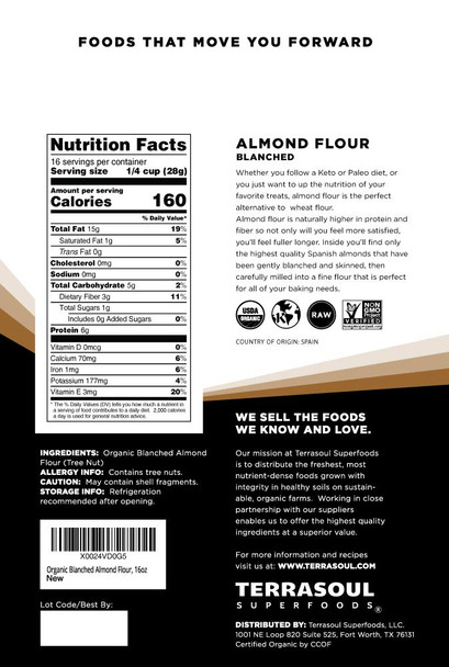 Terrasoul Superfoods Organic Almond Flour 1 Lb - Fine Texture | Grain- | Gluten- | Perfect for Keto Baking