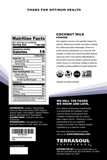 Terrasoul Superfoods Organic Coconut Milk Powder 16 Oz - Plant-Based Creamer | Keto Friendly