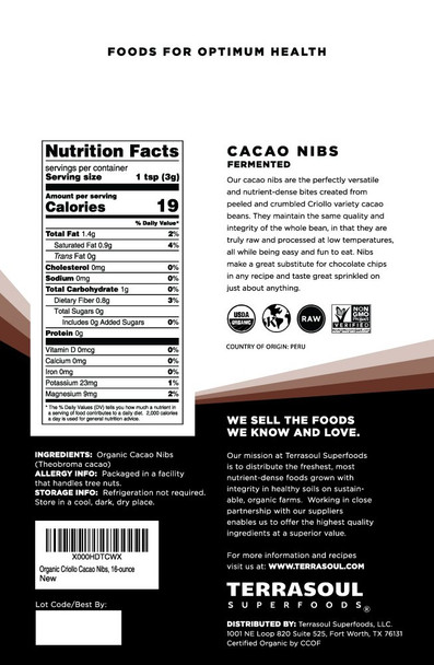 Terrasoul Superfoods Raw Organic Cacao Nibs 16 Oz Superfood Crunch for Smoothie Bowls Nut Butter Spreads Oatmeal and DIY Chocolate Creations
