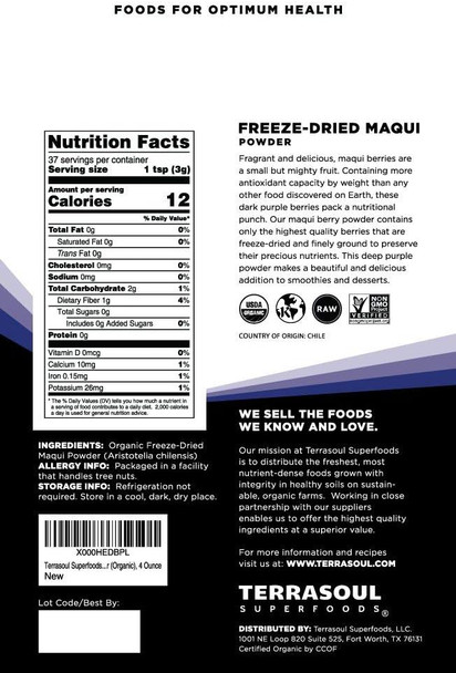 Terrasoul Superfoods Organic Maqui Berry Powder 4 Oz ze-Dried Antioxidant-Rich Superfood for Smoothies Desserts and Immune Support