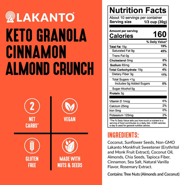 Lakanto Cinnamon Almond Crunch Granola - Delicious Snack Quick Breakfast Cereal Keto Friendly Monk Fruit Sweetener No Sugar Added Vegan Gluten Grain Low Net Carbs (11 Oz)