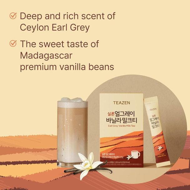 Teazen Earl Grey Vanilla Milk Tea Powder Cylon Black Tea Sweetened Instant Milk Tea Mix On-the-go Packet (20 Packets 10.58oz)
