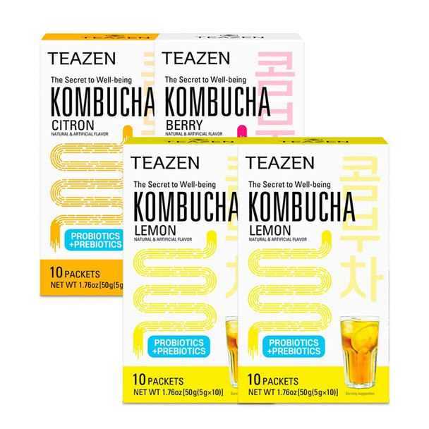 Teazen 3 Flavors 40 Sticks Variety Pack Kombucha Lemon (20 Sticks) and Berry Citron Flavor (20 Sticks)