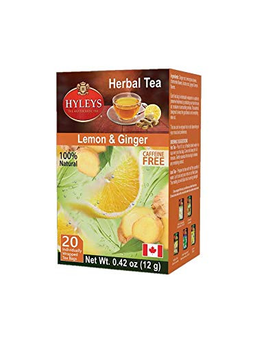 Hyleys Natural Ginger & Lemon Flavor Herbal Tea - 20 Tea Bags (Caffeine Gmo Gluten Dairy Sugar & 100% Natural Decaf)