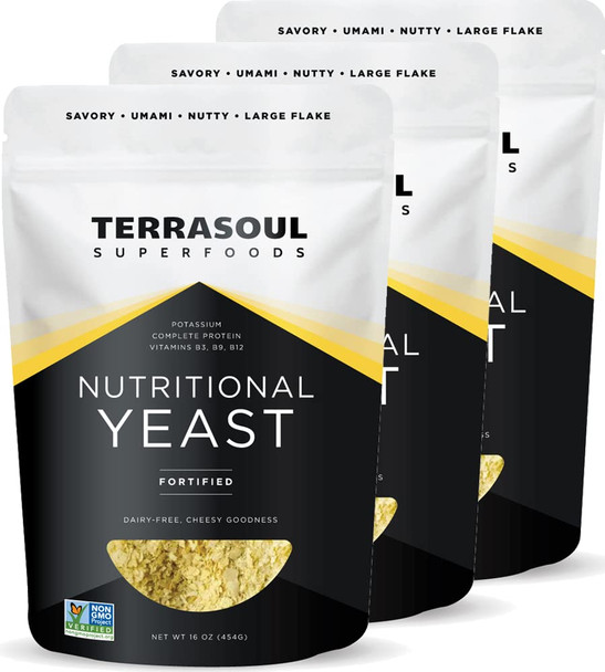 Terrasoul Superfoods Premium Nutritional Yeast Flakes 3 Lbs (Pack of 3) Fortified Savory Superfood for Vegan Cheese Seasoning and Plant-Based Protein Boost