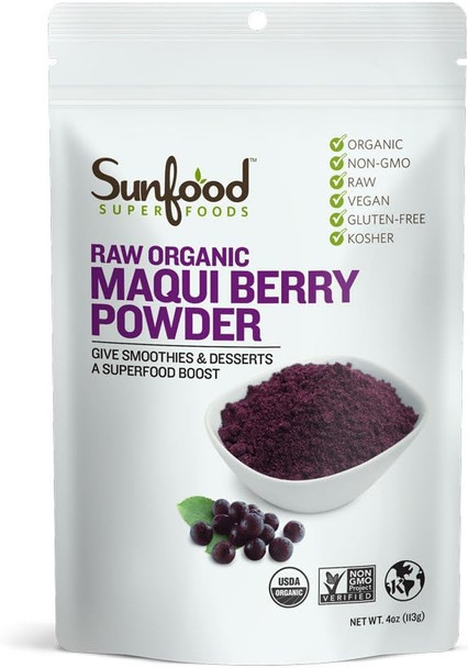 Sunfood Superfoods Organic Maqui Berry Powder - Raw | 4 Oz. Bag 18 Servings | ze Dried To Maintain Nutritional Integrity Antioxidants-Rich | Superfood For Smoothies Yogurt Desserts | Non-Gmo
