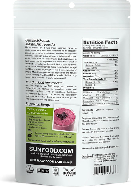 Sunfood Superfoods Organic Maqui Berry Powder - Raw | 4 Oz. Bag 18 Servings | ze Dried To Maintain Nutritional Integrity Antioxidants-Rich | Superfood For Smoothies Yogurt Desserts | Non-Gmo