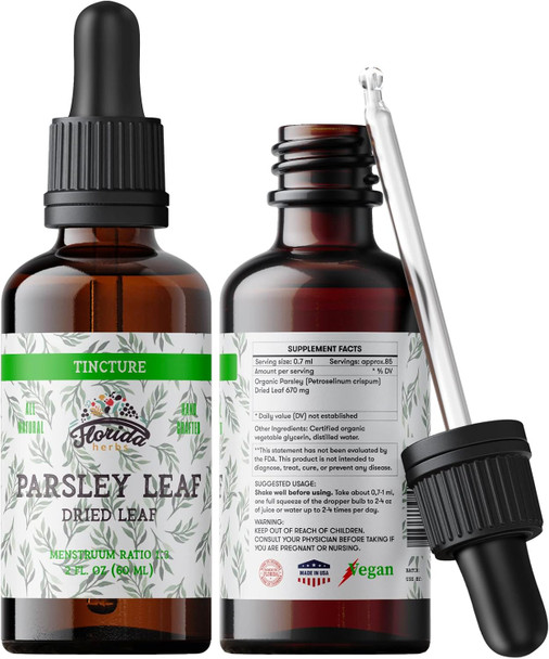 Florida Herbs Parsley Leaf Tincture Alcohol- Extract Organic Parsley (Petroselinum Crispum) Dried Leaf - Non-Gmo In Cold-Pressed Organic Vegetable Glycerin - 2 Oz