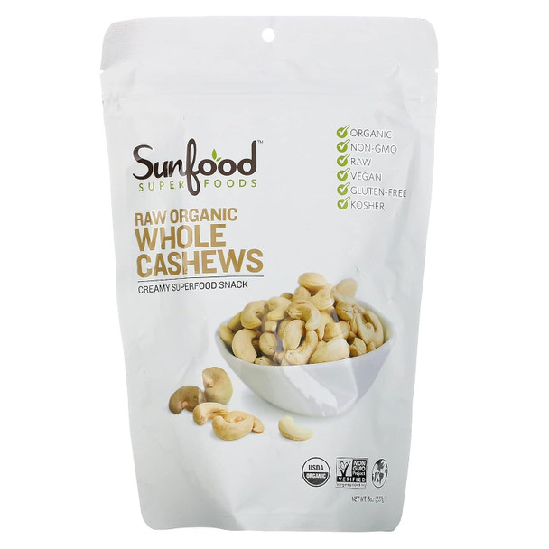 Sunfood Superfoods Organic Cashews - Raw Whole & Unsalted | 8 Oz. Bag 7 Servings | Rich Creamy Flavor For Healthy Keto Paleo Diet | 100% Pure: No Additives | Non-Gmo Vegan Gluten-