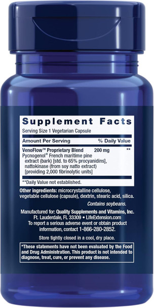 Life Extension VenoFlow - French Maritime Pine Bark and Soy Natto Extract Supplement for Healthy Blood Flow Circulation and Vascular Health – Gluten-Free, Non-GMO, Vegetarian – 30 Capsules