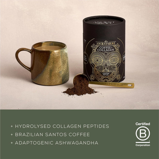 Ancient + Brave - Coffee + Collagen Powder 250G - Organic Brazilian Ground Coffee With Grass-Fed Hydrolysed Bovine Collagen - Collagen Coffee, Premium Blend Of Organic Cacao, Ashwagandha & Baobab
