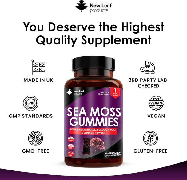 Sea Moss Gummies - Enriched With Irish Sea Moss, Burdock Root And Bladderwrack - High Strength 3000Mg Vegan Vitamin Gummies - Seamoss Gummies Made In Uk By Leaf 60 Gummys