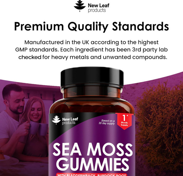 Sea Moss Gummies - Enriched With Irish Sea Moss, Burdock Root And Bladderwrack - High Strength 3000Mg Vegan Vitamin Gummies - Seamoss Gummies Made In Uk By Leaf 60 Gummys
