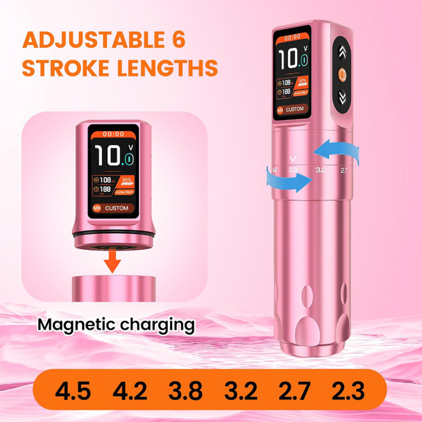 Tattoo Gun Kit- 6 Strokes Adjustment Wireless Tattoo Machine With Japanese Motor & 3 Gear Memory Function, Led Digital Display. Ideal For Use By Professional Tattoo Artists.(Pink)