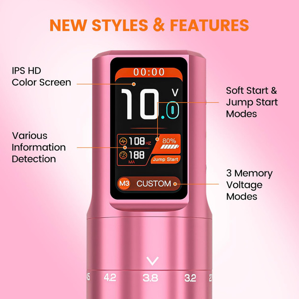 Tattoo Gun Kit- 6 Strokes Adjustment Wireless Tattoo Machine With Japanese Motor & 3 Gear Memory Function, Led Digital Display. Ideal For Use By Professional Tattoo Artists.(Pink)