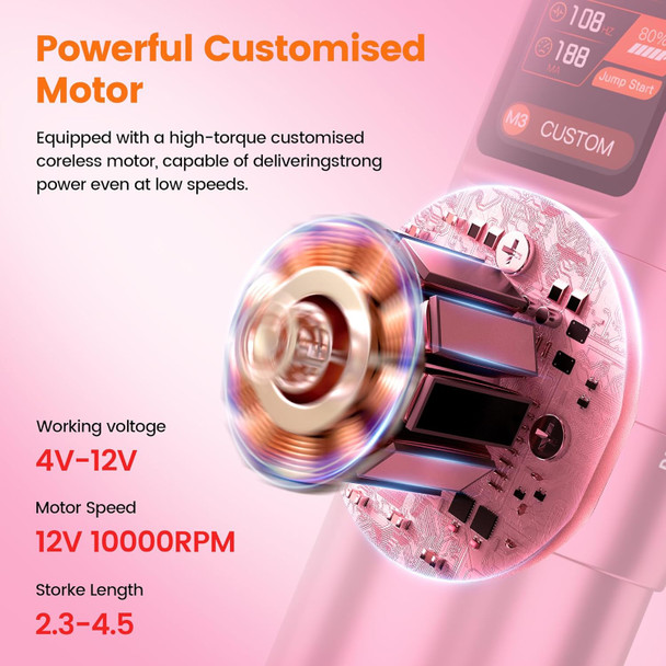 Tattoo Gun Kit- 6 Strokes Adjustment Wireless Tattoo Machine With Japanese Motor & 3 Gear Memory Function, Led Digital Display. Ideal For Use By Professional Tattoo Artists.(Pink)