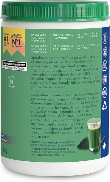 Organika Spirulina + B12 Powder - Tropical Fruit Punch Flavour- Sugar , Superfood, Plant Based Source Of B12 (250Mcg) And Protein, High In Antioxidants And Vitamins + Minerals- 300G