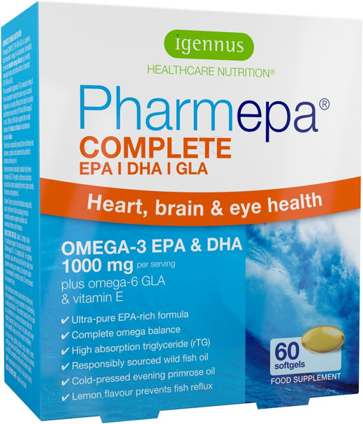 Pharmepa Complete Omega 3 Triglyceride Form Epa & Dha 1000Mg, High Strength Wild Fish Oil Plus Omega 6 Gla Evening Primrose Oil, Highly Absorbable Rtg Form, Lemon Flavour, 60 Capsules, By Igennus