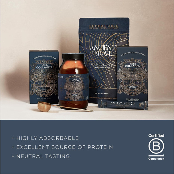 Ancient + Brave Wild Collagen Powder 200G - Pure Hydrolyzed Marine Collagen Peptides (Fish) - Best Collagen Powder For Women - High Protein - Halal Certified - Compostable Packaging Paper