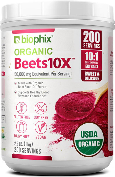 Biophix Organic Beets 10X Beet Root Powder 2.2 Lb 50000 Mg Equivalent - Superfood - Powerful Antioxidant - Rich In Nitric Oxide - Supports Heart Health - Natural Flavor - No Sugar Added