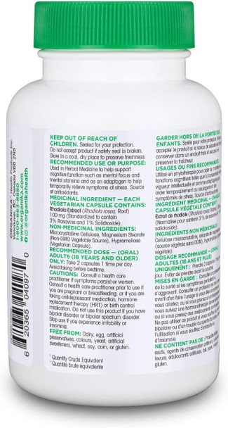 Organika Rhodiola 100Mg 6:1 Extract- 3% Rosavins, 1% Salidroside- Adaptogen, Cognition Support, Mental Focus In Response To Stress- 60Vcaps