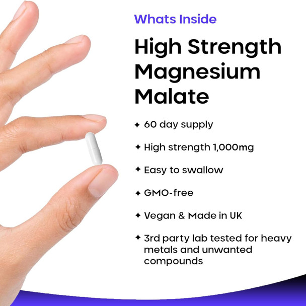 Magnesium Supplements 1000Mg - Pure Magnesium Malate Capsules - Bones & Sleep Support - High Absorption Elemental Magnesium - Vegan High Strength Magnesium - 2 Months Supply - Not Magnesium Tablets