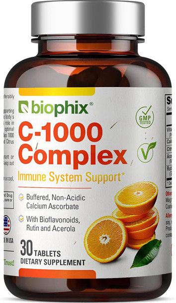 Biophix Vitamin C-1000 Mg 30 Tablets Complex - Vegan With Calcium Citrus Bioflavonoids Acerola Rutin - Supports Immune Health