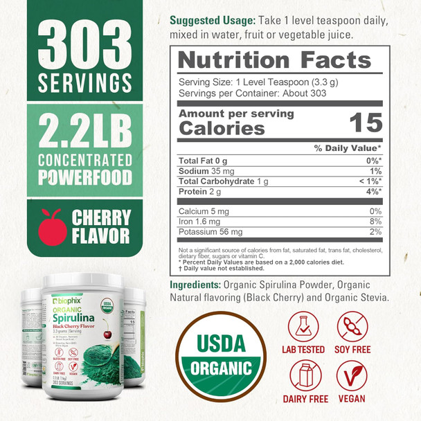 Biophix Organic Spirulina Powder 2.2 Lb Black Cherry Flavor - Protein-Rich Nutrient-Dense Superfood - Powerful Antioxidant - Supports Immune Health