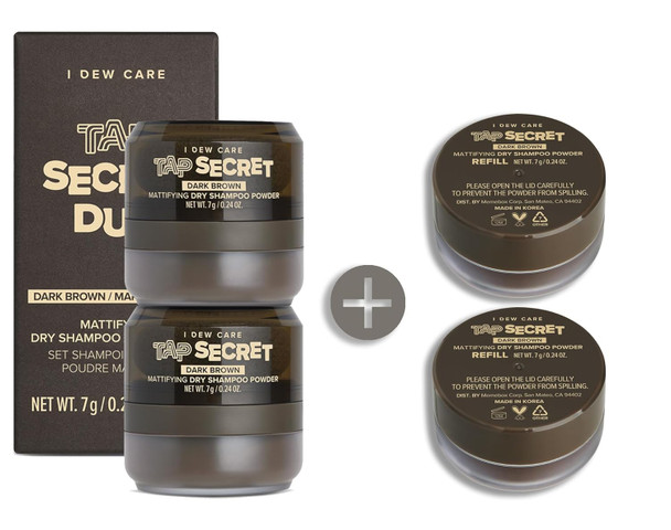 I Dew Care Dry Shampoo Powder - Tap Secret Dark Brown Duo + Refill 2 Pack | With Black Ginseng, Non-Aerosol, Benzene-, Mattifying Root Boost, No White Cast, Travel Size Dry Shampoo For Dark Hair