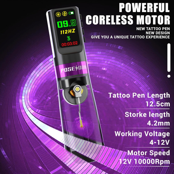 Tattoo Kit, Poseidon Tattoo Pen Kit With 20 Pcs Tattoo Cartridge Machine, Tattoo Pen With 1800Mah Capacity Wireless Power, Tattoo Gun Kit With Japan Coreless Motor Digital Display For Tattoo Equipment