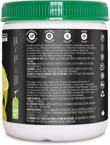 Organika Electrolytes Extra-Strength Powder- Lemon Lime- High In Sodium For Sport Recovery - Saltier Taste, Sugar- Hydration And Electrolyte Replenishment - 180G - 30 Servings