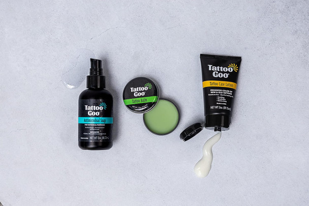 Tattoo Goo Aftercare Kit Includes Antimicrobial Soap, Balm, And Lotion, Tattoo Care For Color Enhancement + Quick Healing - Vegan, Cruelty-, Petroleum- (3 Piece Set)