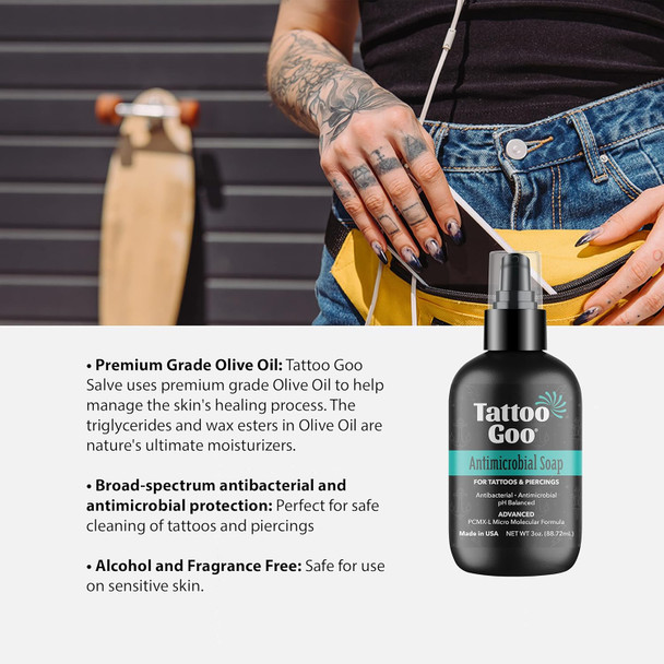 Tattoo Goo Aftercare Kit Includes Antimicrobial Soap, Balm, And Lotion, Tattoo Care For Color Enhancement + Quick Healing - Vegan, Cruelty-, Petroleum- (3 Piece Set)