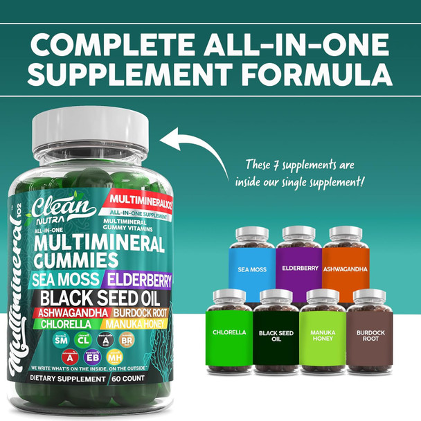 Sea Moss Black Seed Oil Gummies With Ashwagandha, Elderberry, Burdock Root, Chlorella, Manuka Honey - Vegan Gummy Vitamins For Adults Kids Men Women - Multimineral Green Apple Flavor By Clean Nutra