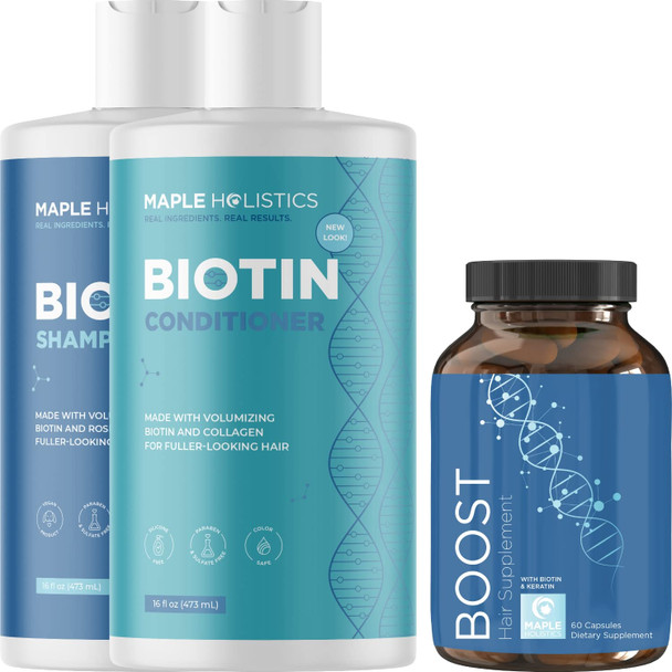 Biotin Shampoo Conditioner And Supplement Set - Hair Skin And Nail Biotin Capsules With Horsetail Herb For Hair Growth And Volumizing Shampoo And Conditioner For Thin Fine And Color Treated Hair