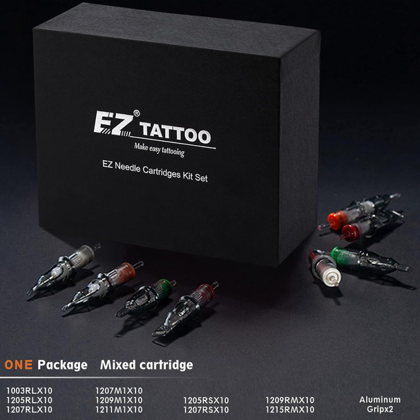 Ez 100 Pcs Revolution Tattoo Cartridge Needles Assorted 3Rl 5Rl 7Rl 5Rs 7Rs 7M1 9M1 11M1 9Cm 15Cm With 2 Aluminum Grips Mixed Tattoo Needles For Rotary Pen Machine Supply